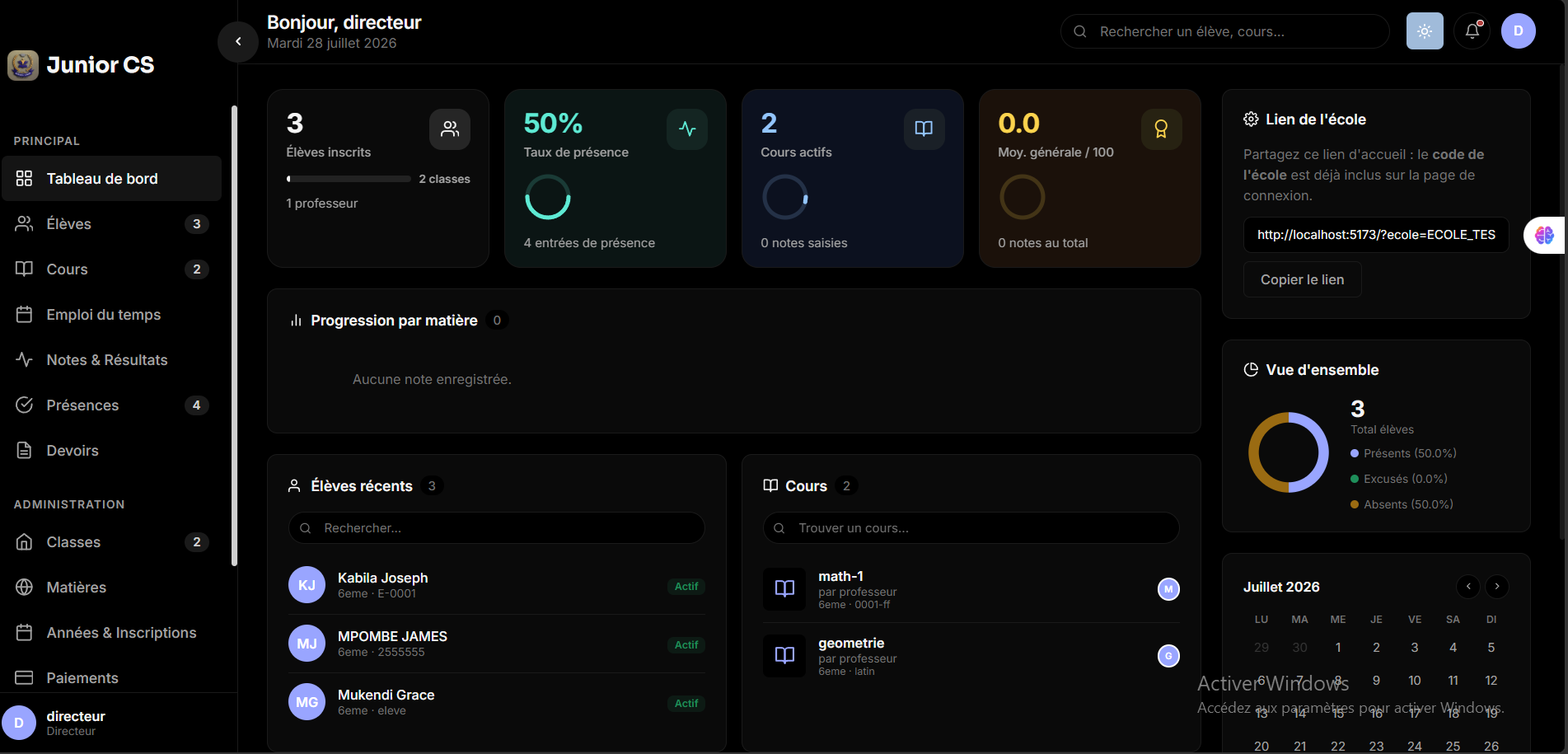 Panlyack School — Tableau de bord