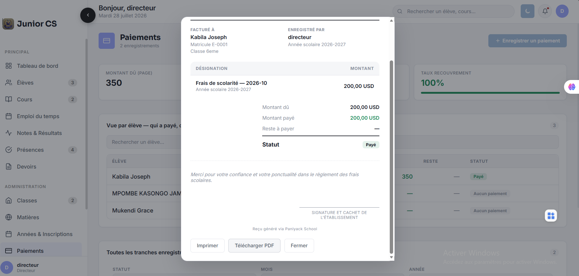 Panlyack School — Reçu de paiement